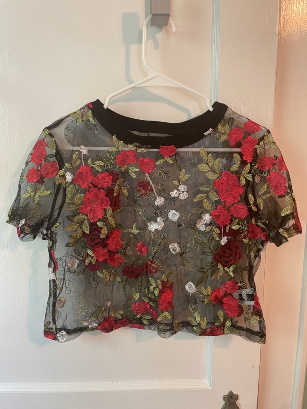 Sheer Boxy Black Floral Embroidered Top - Red Rose Accent